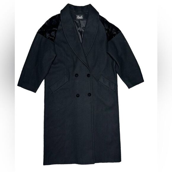 Vintage Basile Italian Wool Coat Long Black Coat Warm Winter Peacoat Two Button - Picture 1 of 11